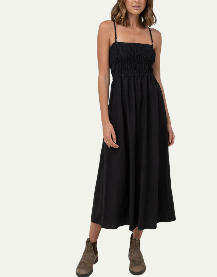 Classic Shirred Midi Dress in Black by Rhythm